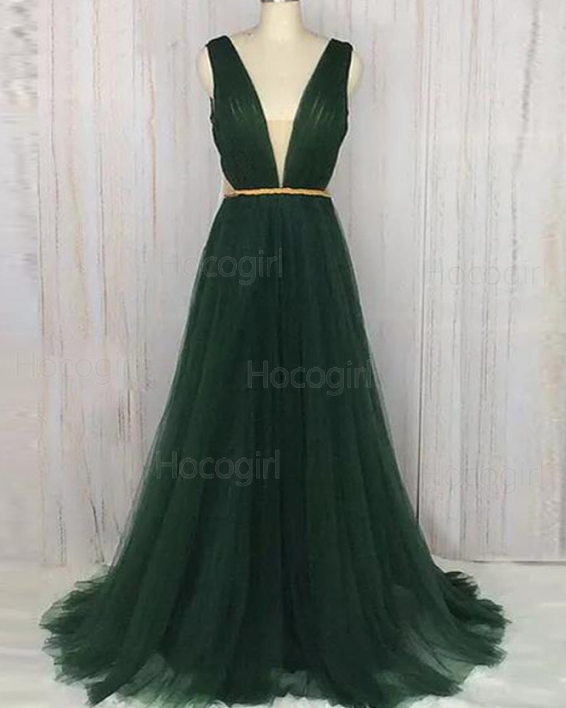 Deep V-neck Ruched Dark Green Tulle Long Formal Dress PM1364
