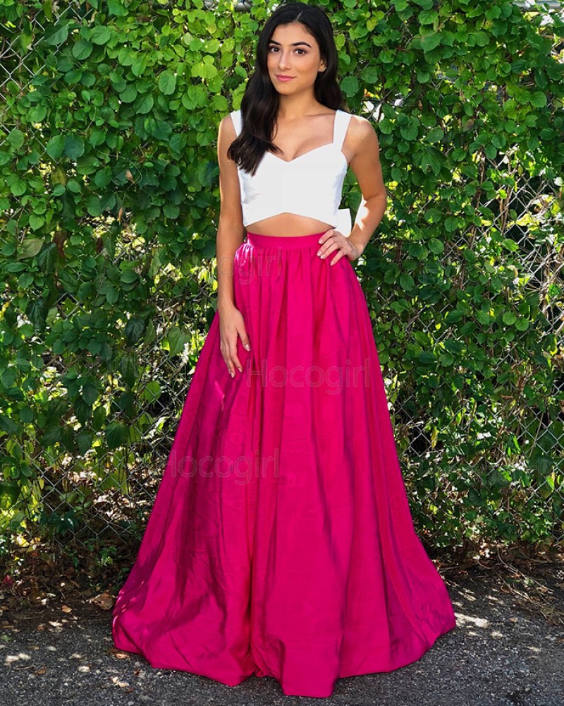 Two Piece White & Red Square Long Prom Dress with Bowknot PM1371