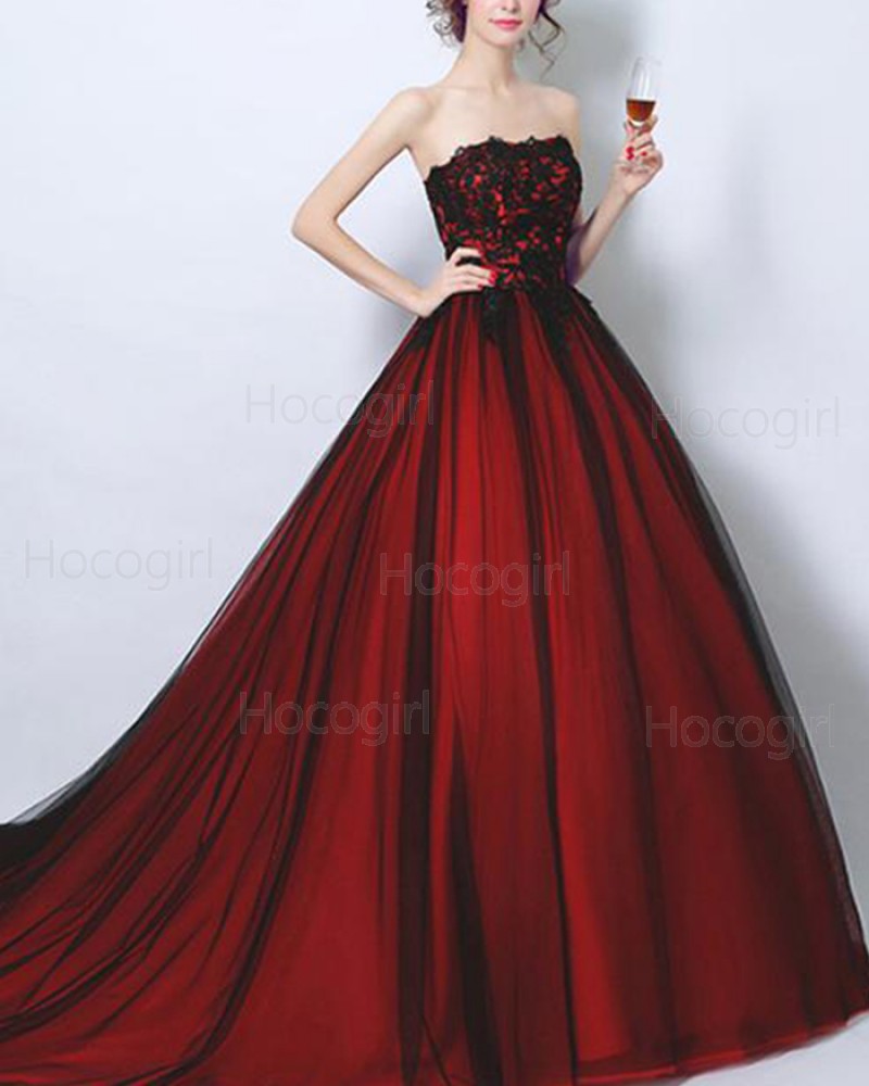 Strapless Lace Bodice Burgundy Ball Gown Evening Dress PM1372