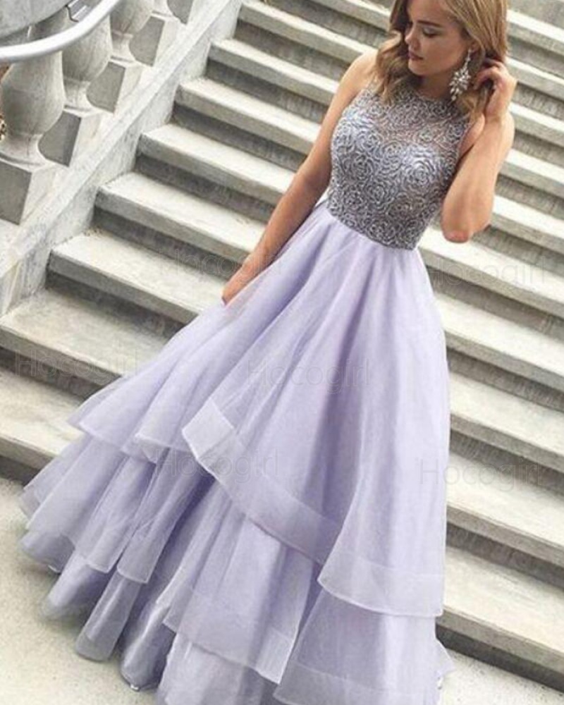 High Neck Lace Bodice Lavender Long Prom Dress with Layered Skirt PM1373