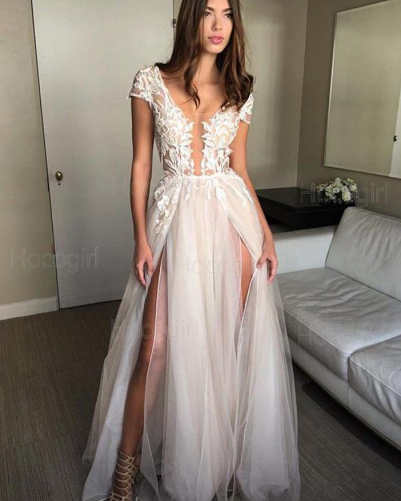 Scoop Lace White Appliqued Tulle Long Prom Dress with Double Slits PM1377