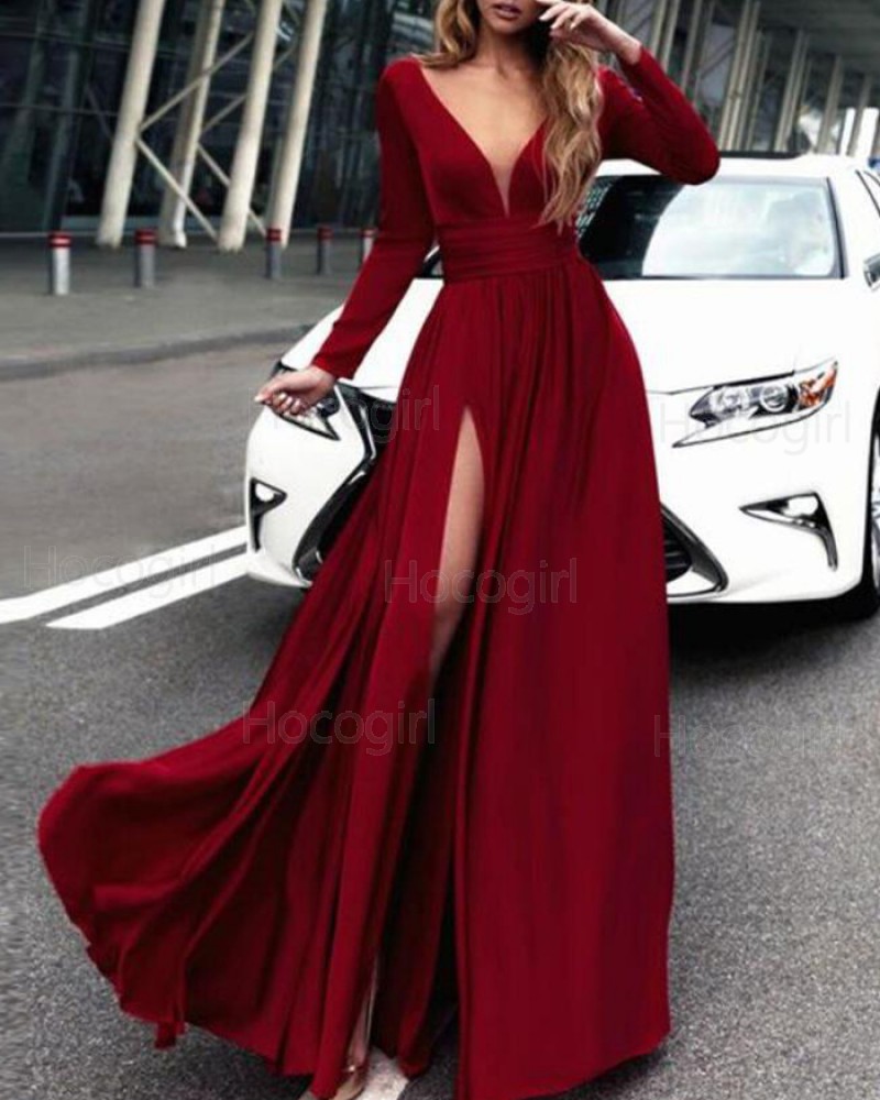 Deep V-neck Burgundy Satin Slit Prom Dress with Long Sleeves PM1385