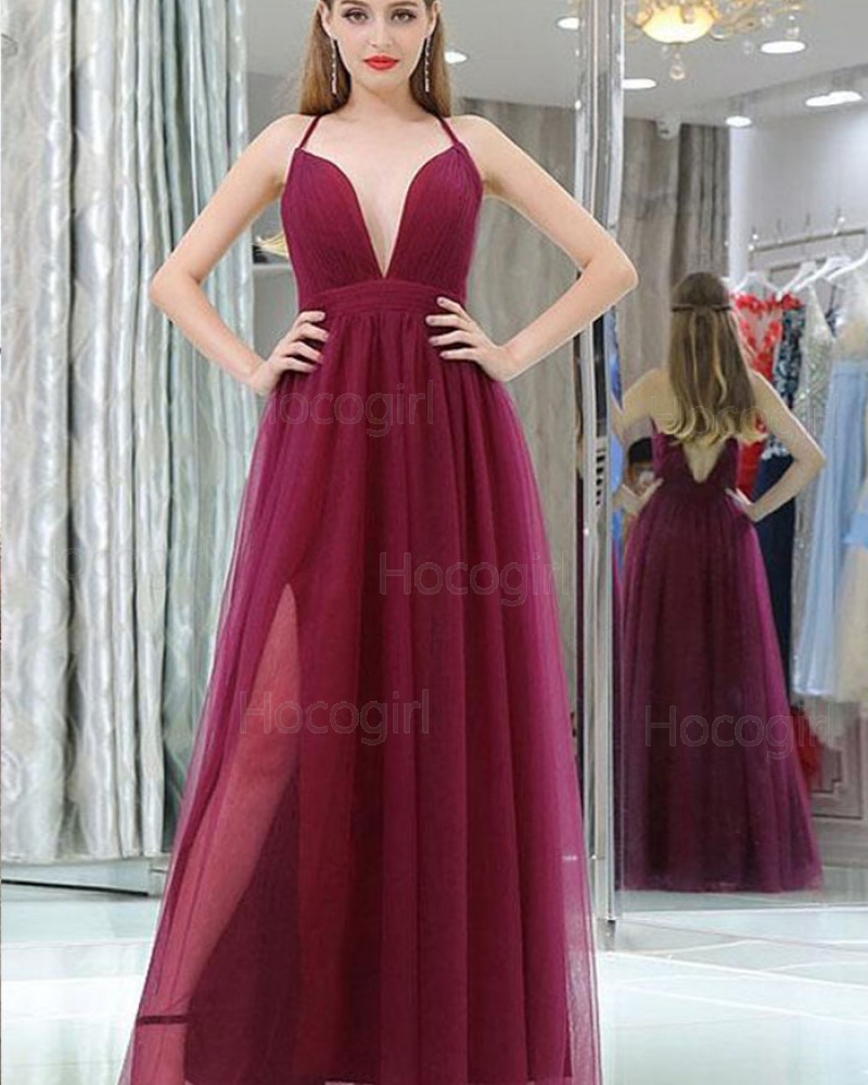 Halter Burgundy Pleated Tulle Prom Dress with Side Slit PM1389