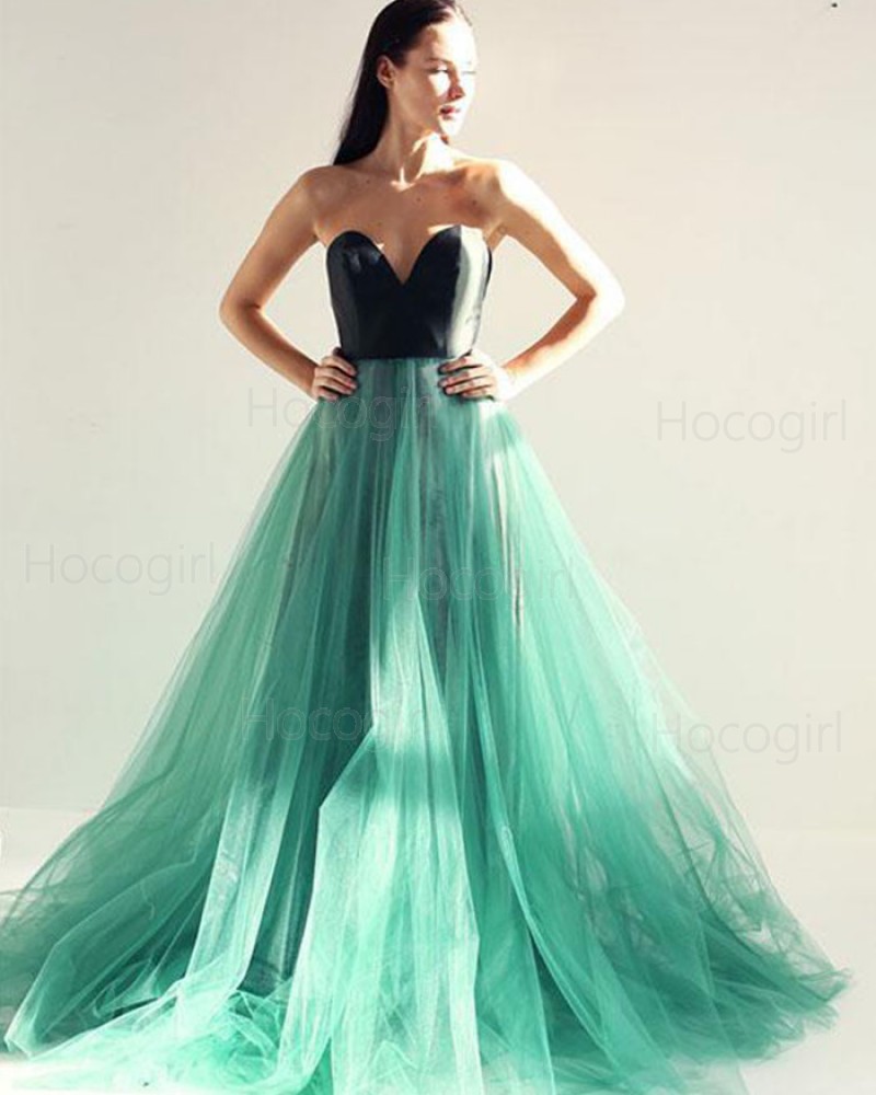 Sweetheart Black and Green Tulle Long Prom Dress with Open Back PM1399