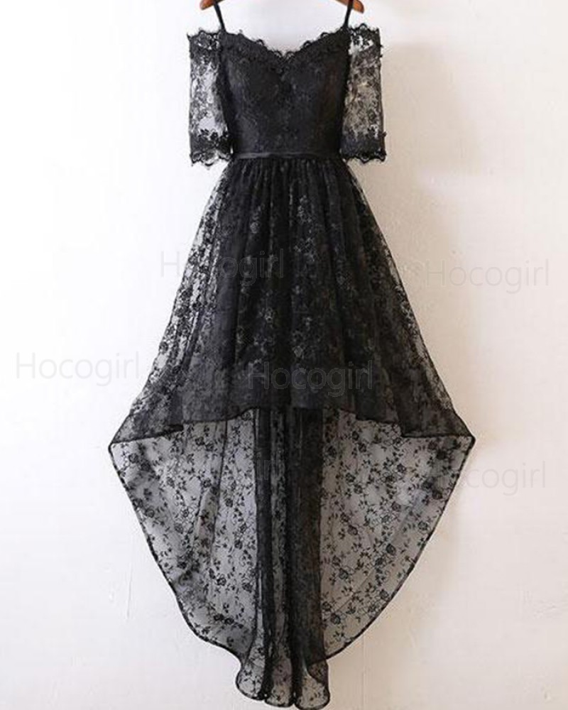 Cold Shoulder Black Lace High Low Prom Dress with Half Length Sleeves PM1400