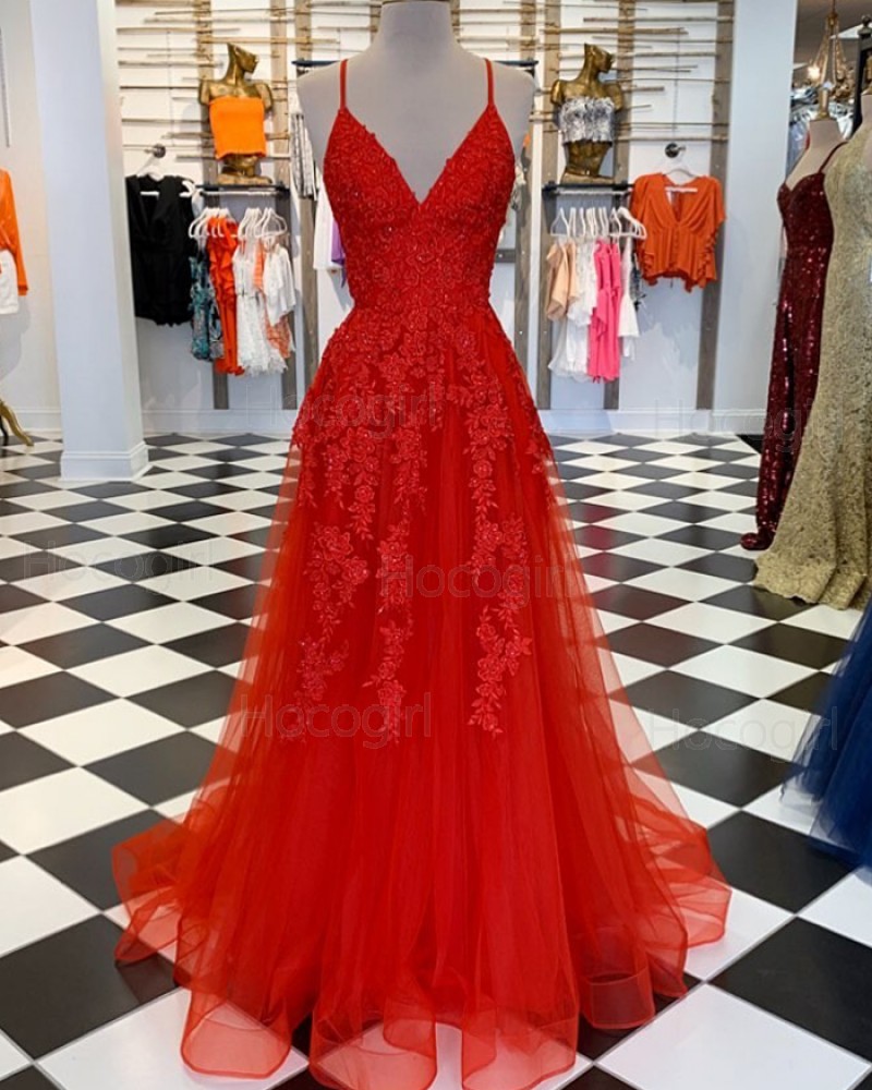 Spaghetti Straps Red Lace Appliqued Tulle Prom Dress PM1810