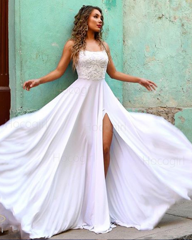 Spaghetti Strap White Lace Bodice Chiffon Prom Dress with Side Slit PM1854