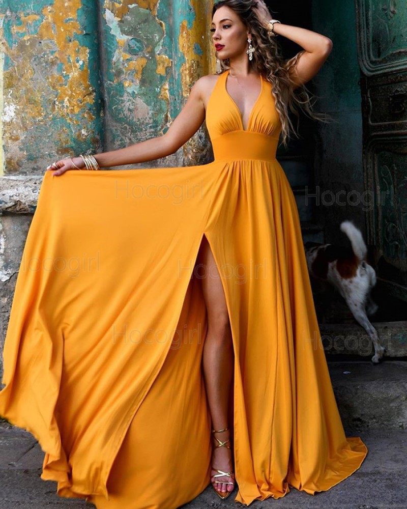 Simple Halter Daffodil Ruched Satin Prom Dress with Side Slit PM1856