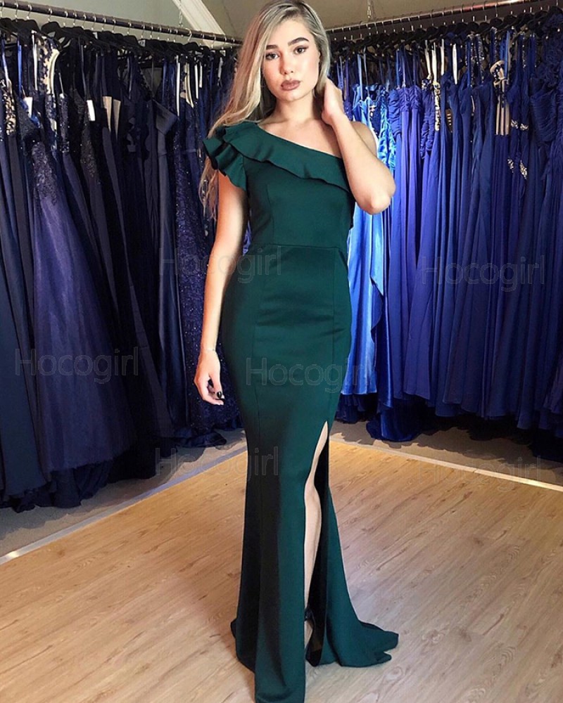Simple One Shoulder Green Satin Prom Dress with Side Slit PM1867