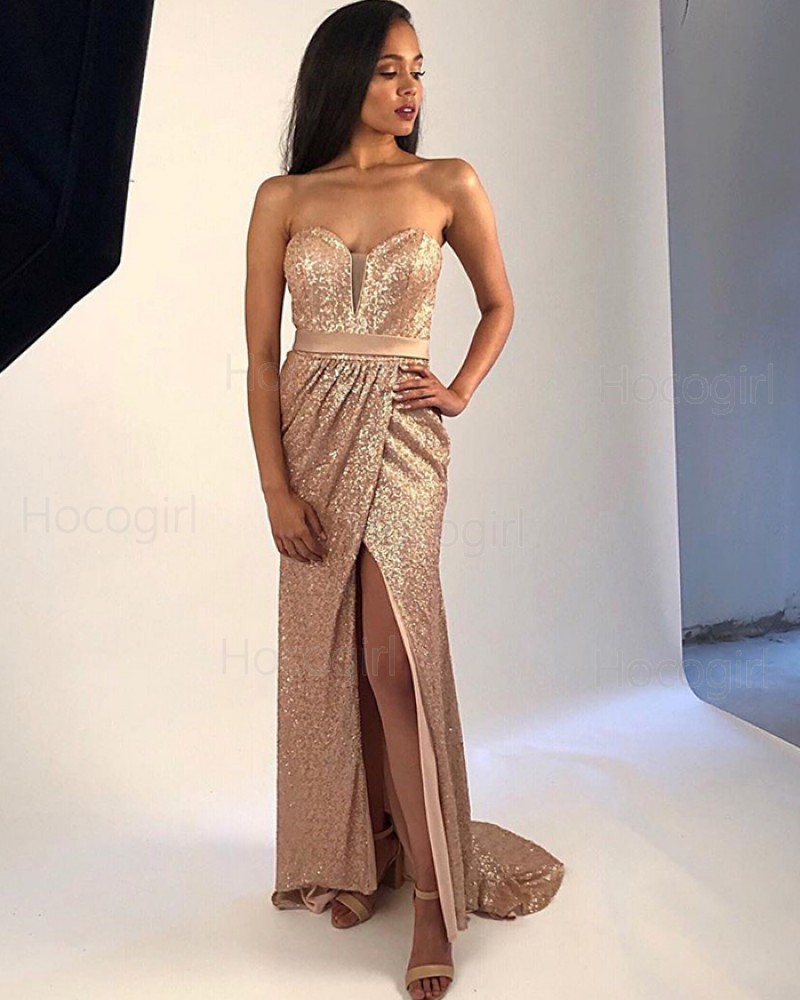 Sweetheart Gold Sequin Ruched Prom Dress with Side Slit PM1872
