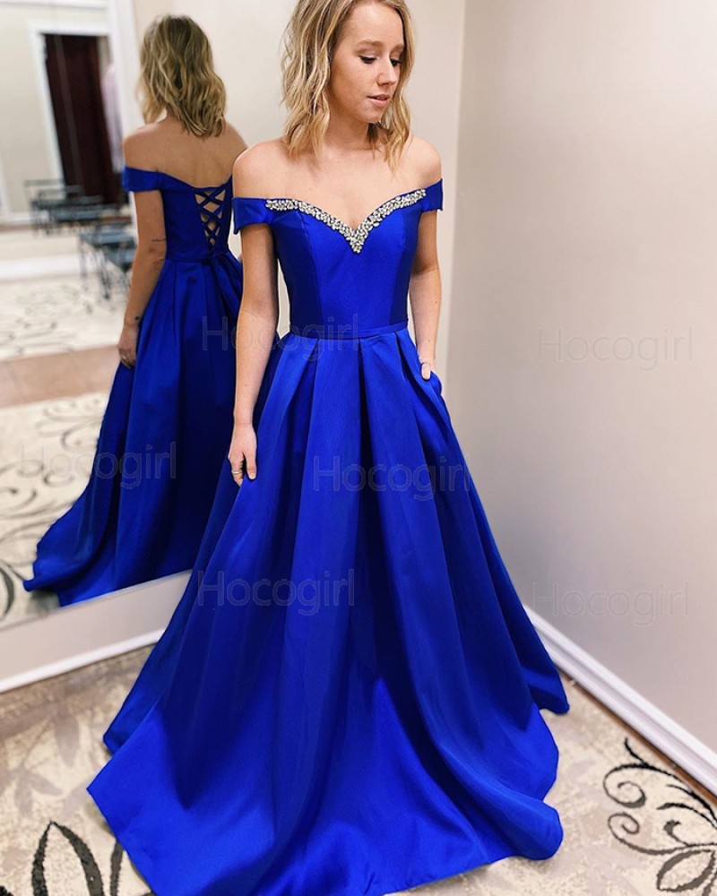 Off the Shoulder Blue Beading Satin Prom Dress with Pockets PM1941