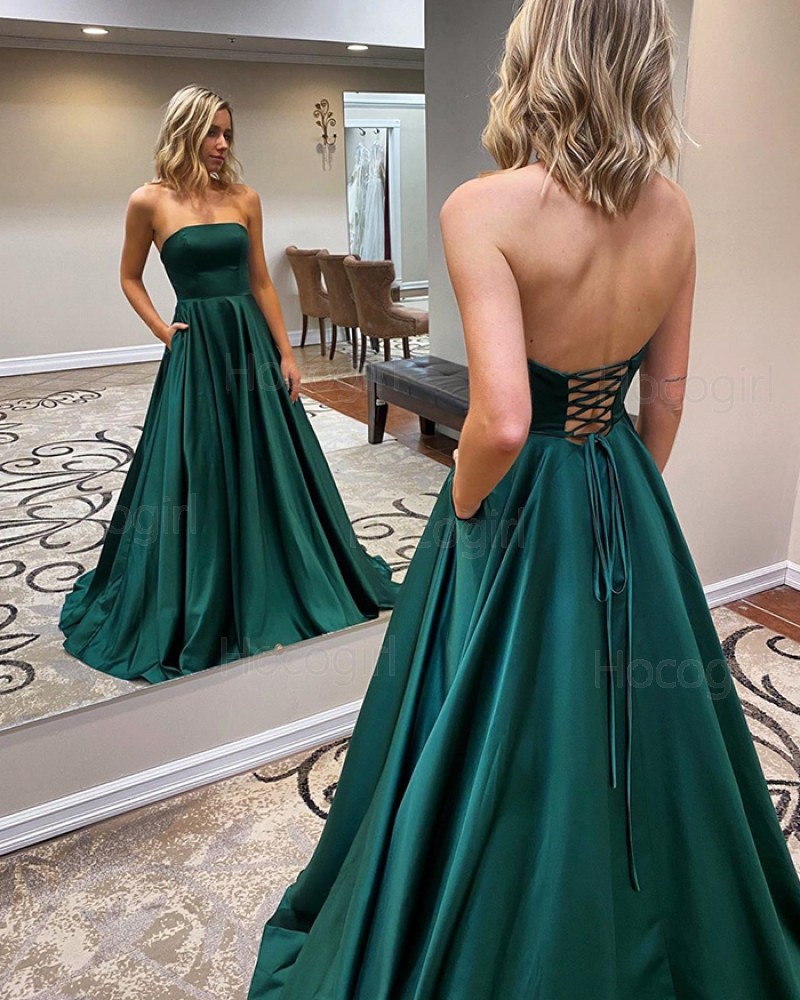 Simple Strapless Satin Green Prom Dress with Pockets PM1967
