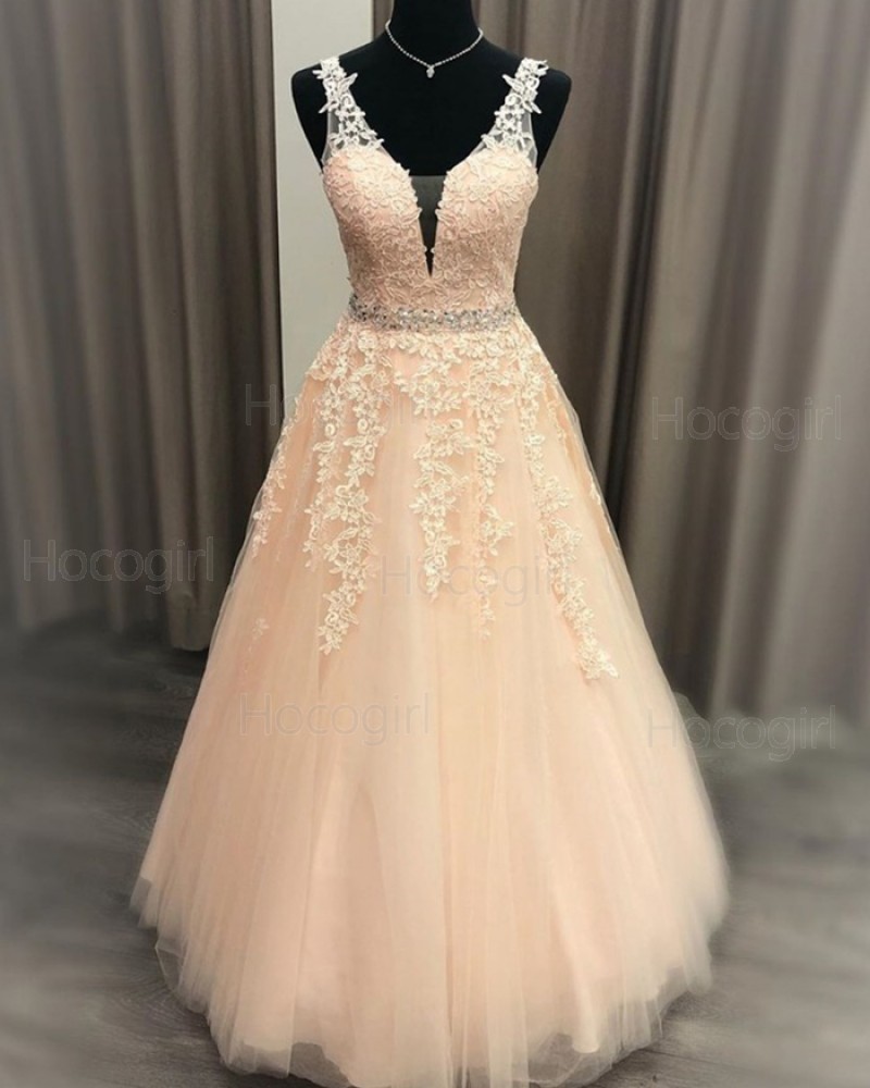 V-neck Lace Applique Pink Tulle Prom Dress with Beading Belt PM1969