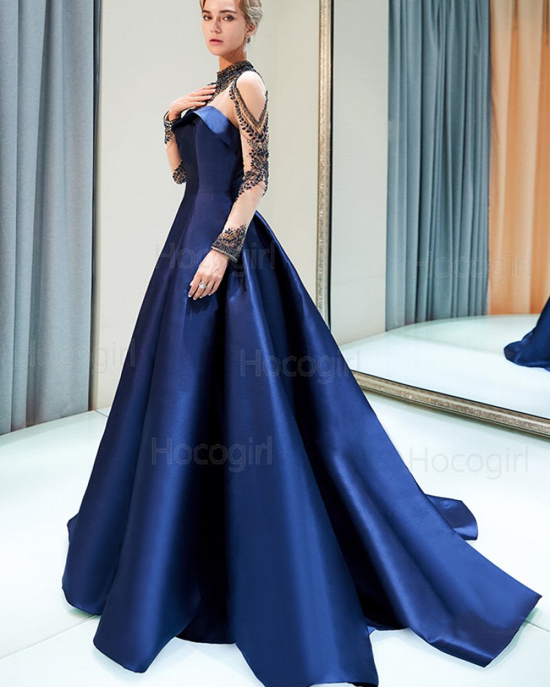 Gorgeous High Neck Beading Royal Blue Pleated Satin Evening Gown with Long Sleeves QD005