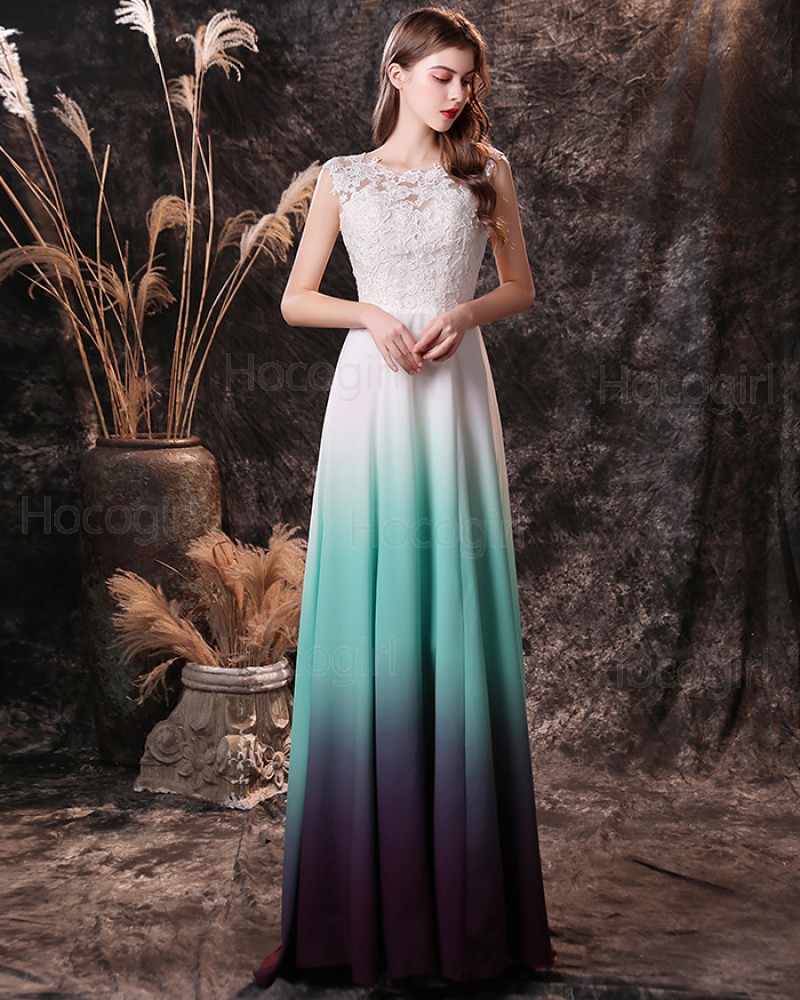 Scoop Lace Bodice Ombre Chiffon Prom Dress QD19457