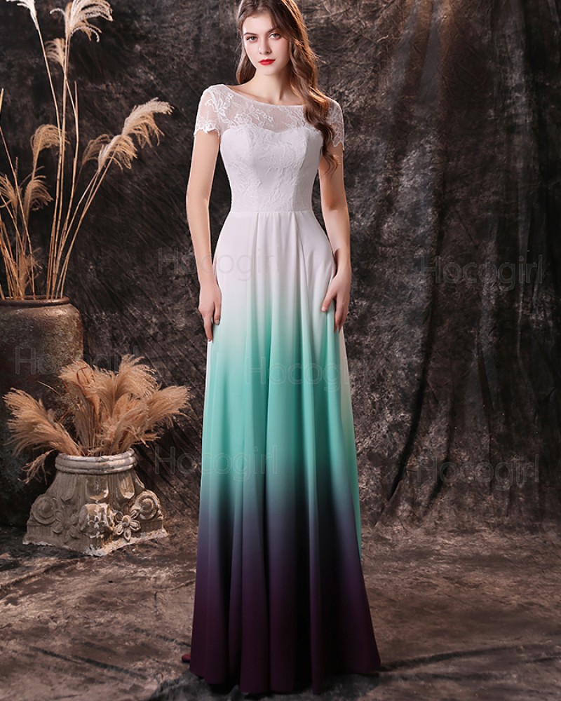 Bateau Neckline Ombre Lace Bodice Chiffon Prom Dress with Short Sleeves QD19458