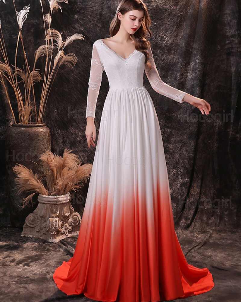 V-neck Lace Bodice Ombre Pleated Evening Dress with Long Sleeves QD24456