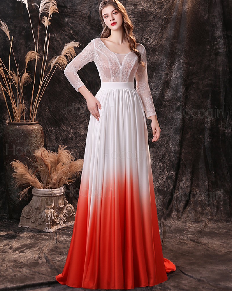 Scoop Lace Bodice Ombre Evening Dress with Long Sleeves QD27455