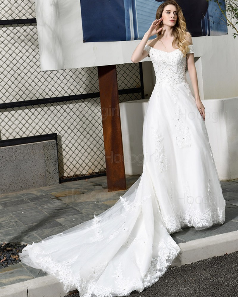 Off the Shoulder White Appliqued A-line Wedding Dress QDWD025