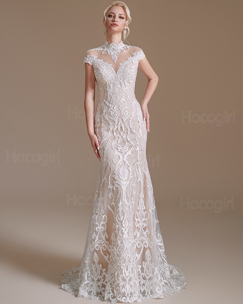 High Neck Ivory Mermaid Wedding Dress with Cap Sleeves SQWD2498