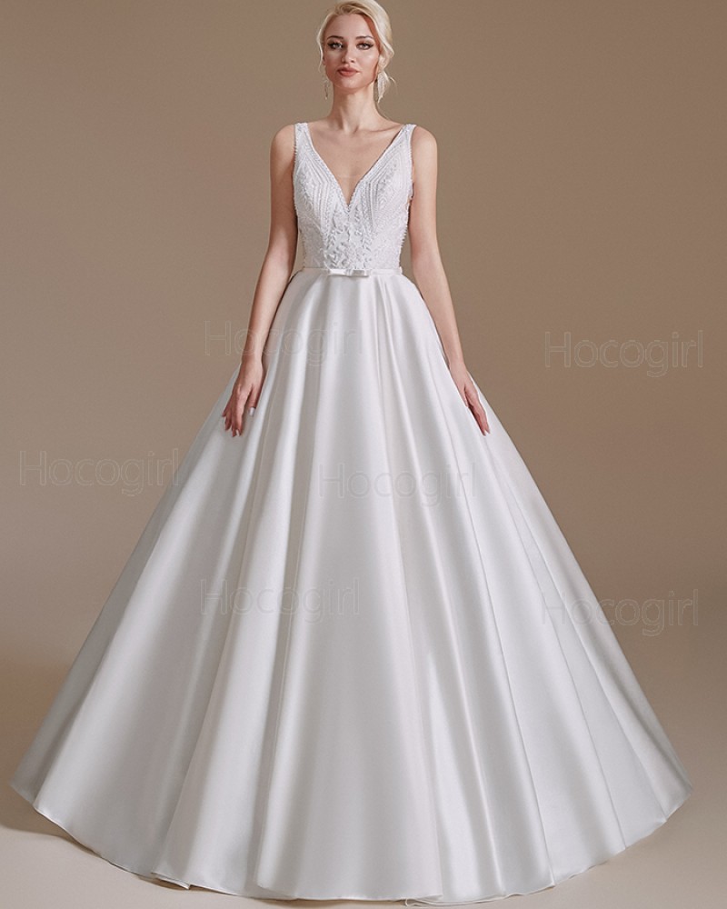 Simple White V-neck Satin A-line Wedding Dress with Lace Bodice SQWD2499