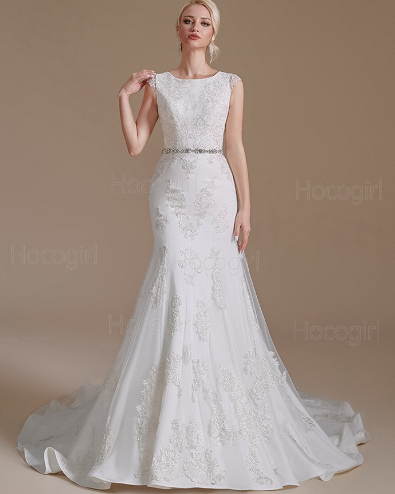 Jewel Lace Appliques White Mermaid Wedding Dress SQWD2505