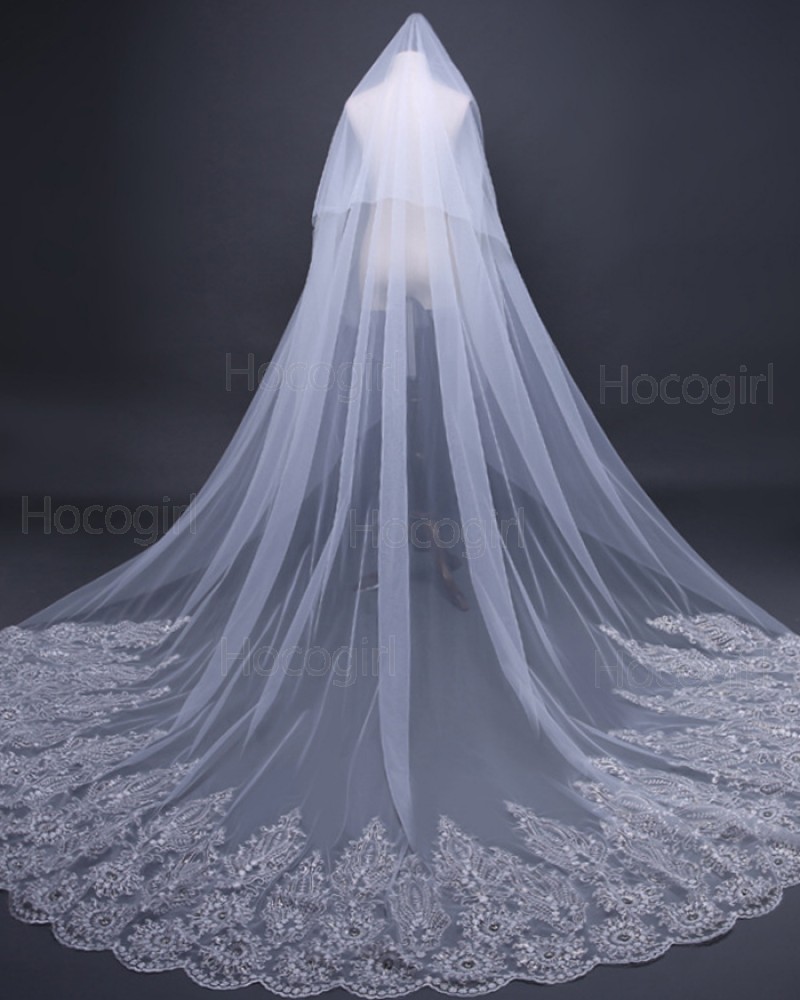 Two Tiers Tulle Beaded Lace Applique Edge Bridal Veil TS17110