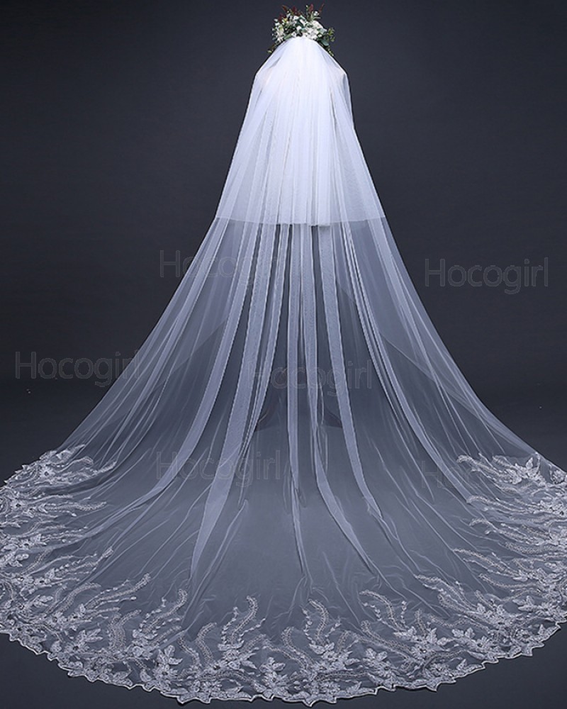 Two Tiers White Cathedral Length Lace Applique Edge Bridal Veil TS17124