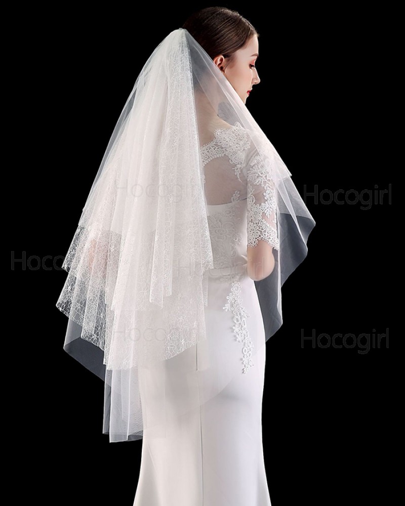 Four Tiers Lace Ivory Elbow Length Wedding Veil with Comb TS1903