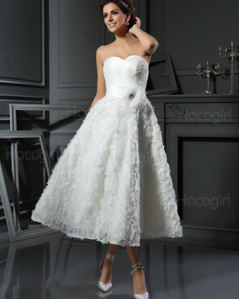 Sweetheart Ruched Tea Length Wedding Dress with Lace Flower Skirt WD2013