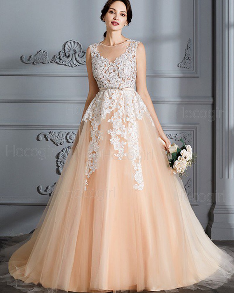 Jewel Appliqued Champagne Tulle Wedding Dress with Belt WD2027