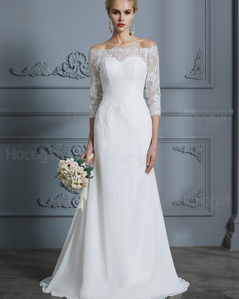 Off the Shoulder Lace Appliqued White Sheath Wedding Dress with Half Length Sleeves WD2028