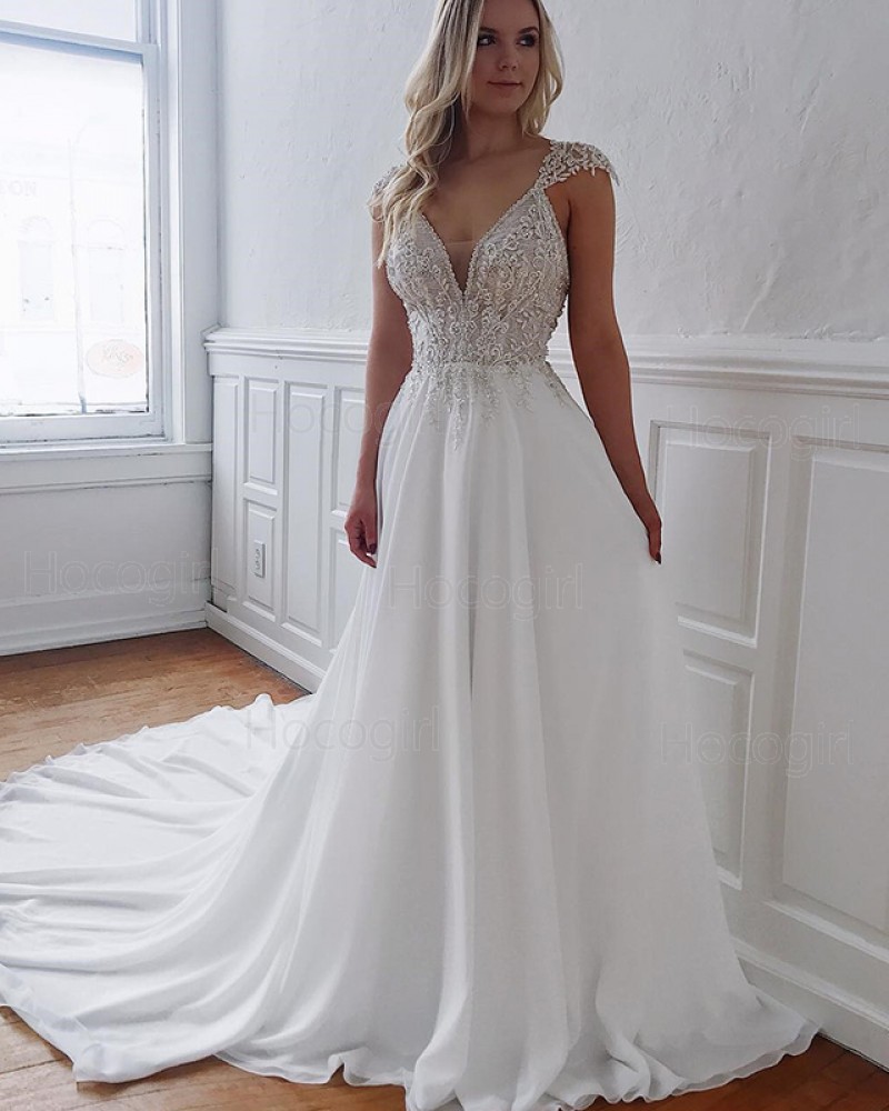 Shop white v-neck lace bodice a-line wedding dress with chapel train from