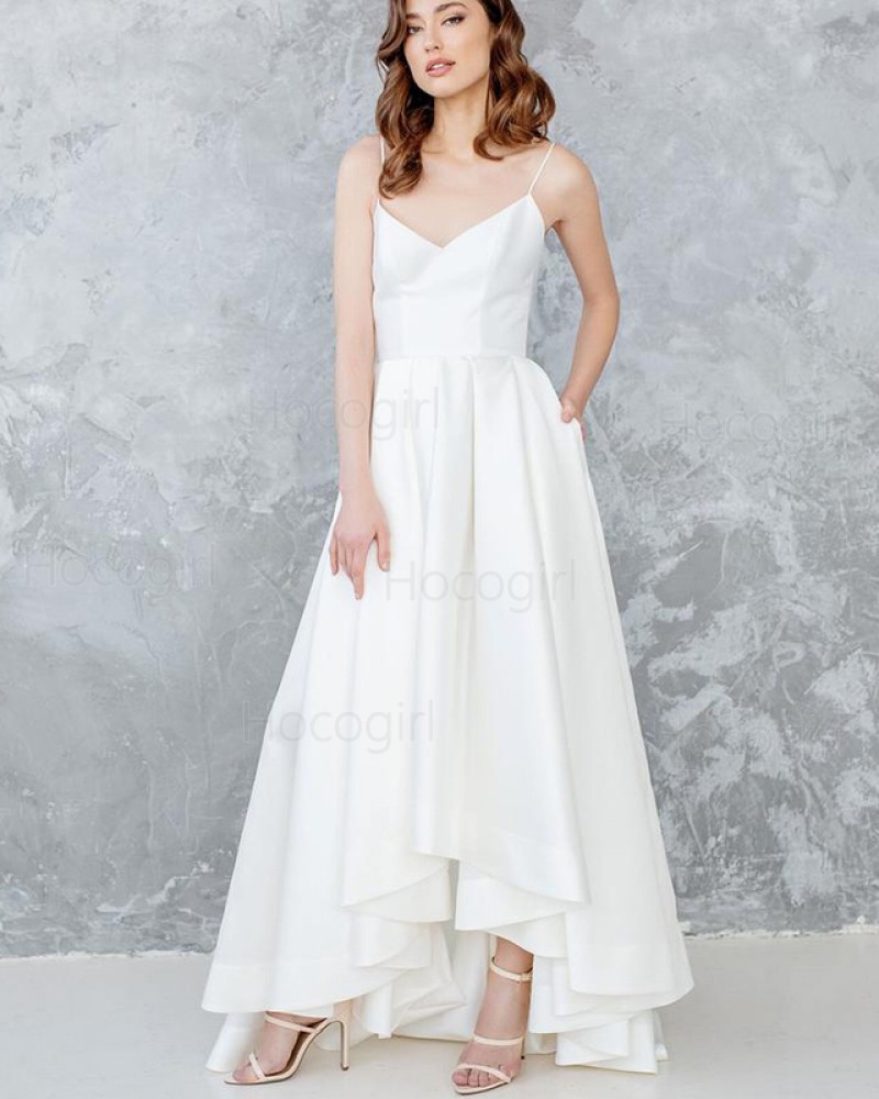 Spaghetti Straps High Low White Satin Pleated Wedding Dress with Pockets WD2121