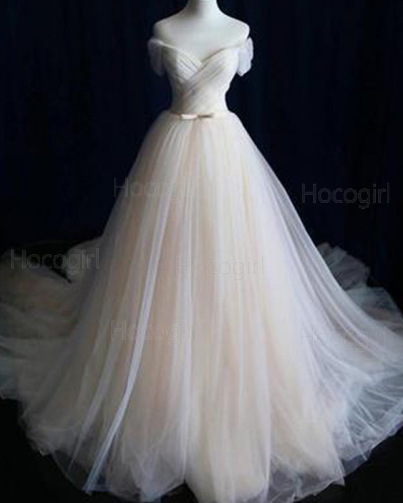 Simple Off the Shoulder Champagne Tulle Pleated Wedding Dress WD2151