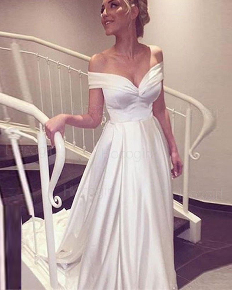Off the Shoulder Ivory Satin Simple Wedding Dress WD2196