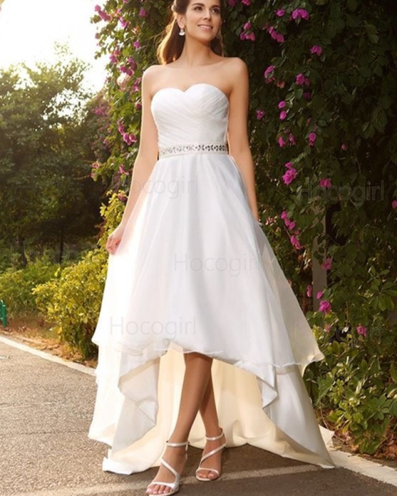 Sweetheart Ruched High Low White Wedding Dress with Beading WD2202