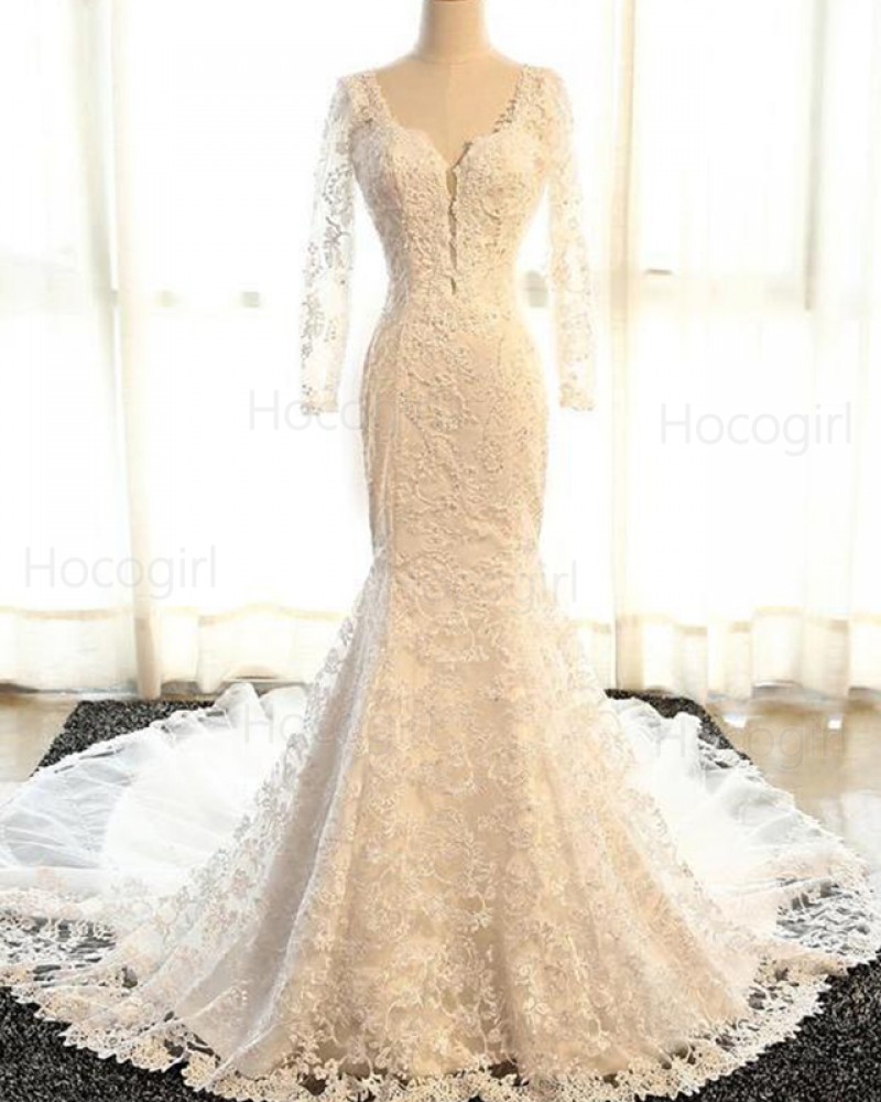 Scoop Vintage Lace Mermaid Wedding Dress with Long Sleeves WD2233