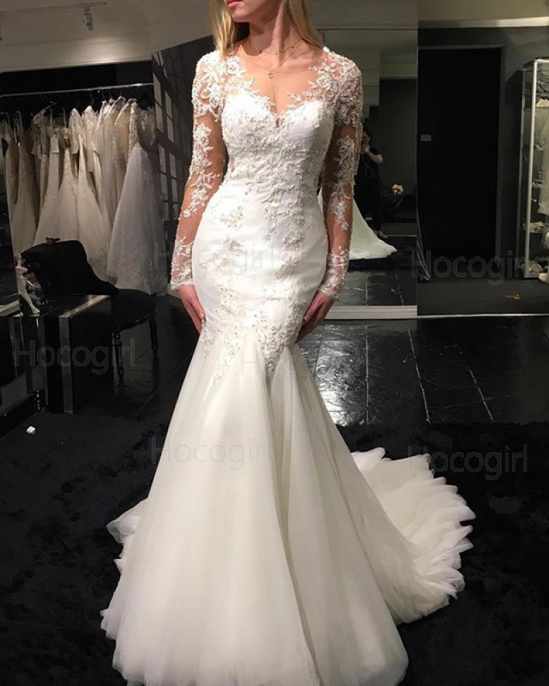 V-neck Lace Applique Ivory Wedding Dress with Long Sleeves WD2247
