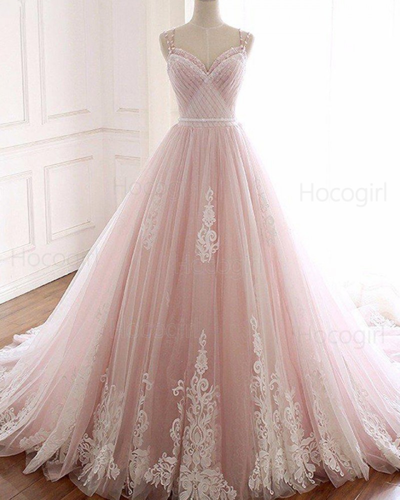 Pink Double Spaghetti Straps Ruched Applique Wedding Gown WD2267