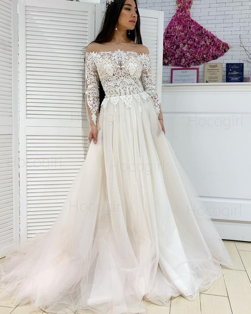 Sheer Neck Lace Bodice Pleated Tulle Wedding Dress with Long Sleeves WD2289