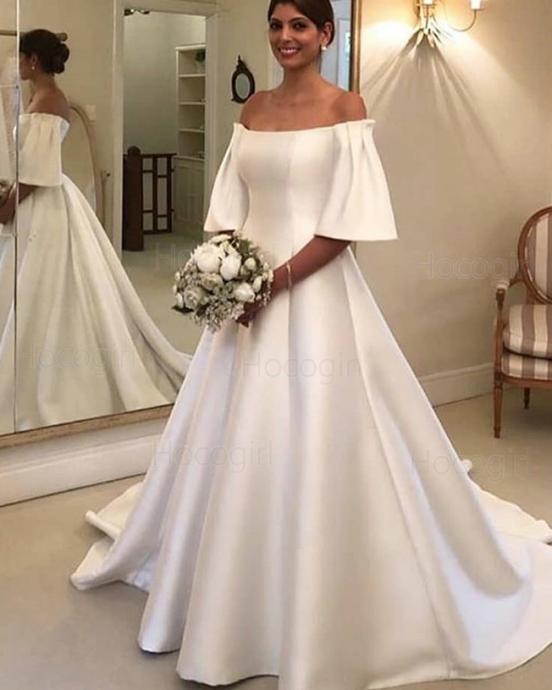 Off the Shoulder White Satin A-line Wedding Dress with Short Sleeves