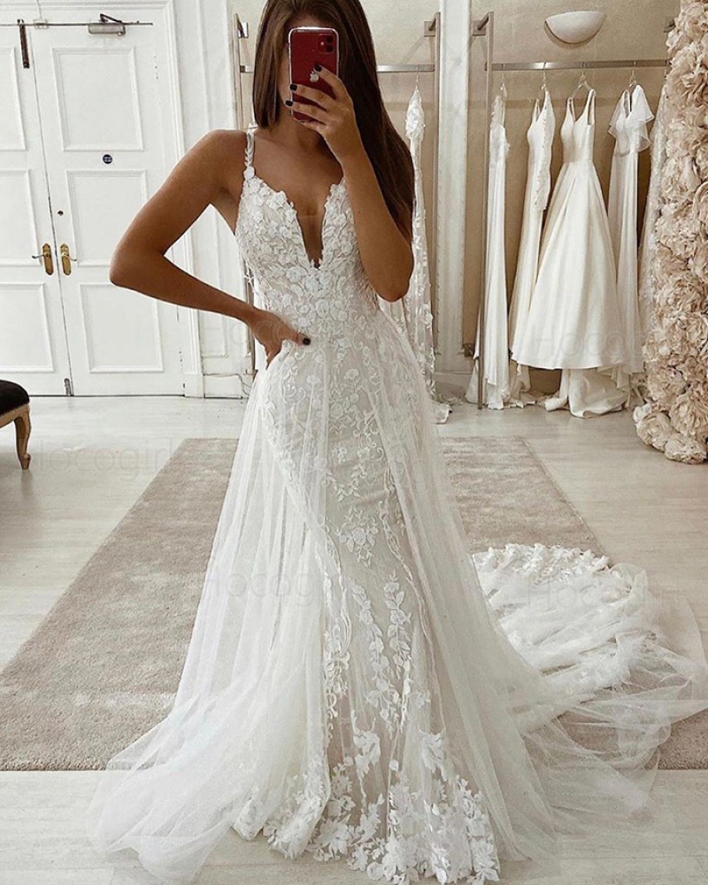 V-neck Lace Mermaid Wedding Dress with Detachable Train