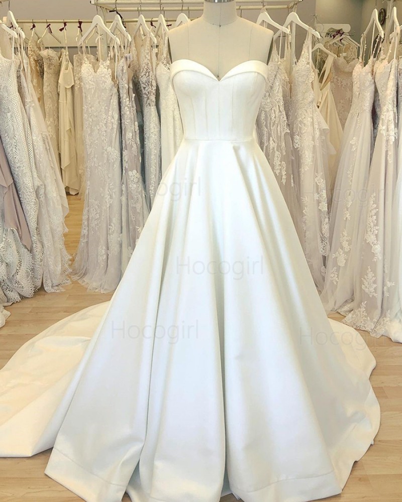 Simple Sweetheart Satin White Wedding Dress with Court Train WD2408