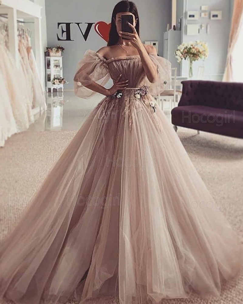 Off the Shoulder Brown Ruched Beading Tulle Wedding Dress WD2425