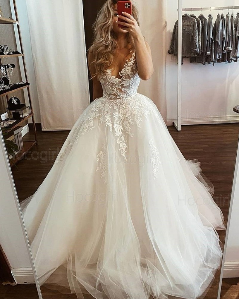 V-neck Lace Applique Tulle White Wedding Dress WD2435