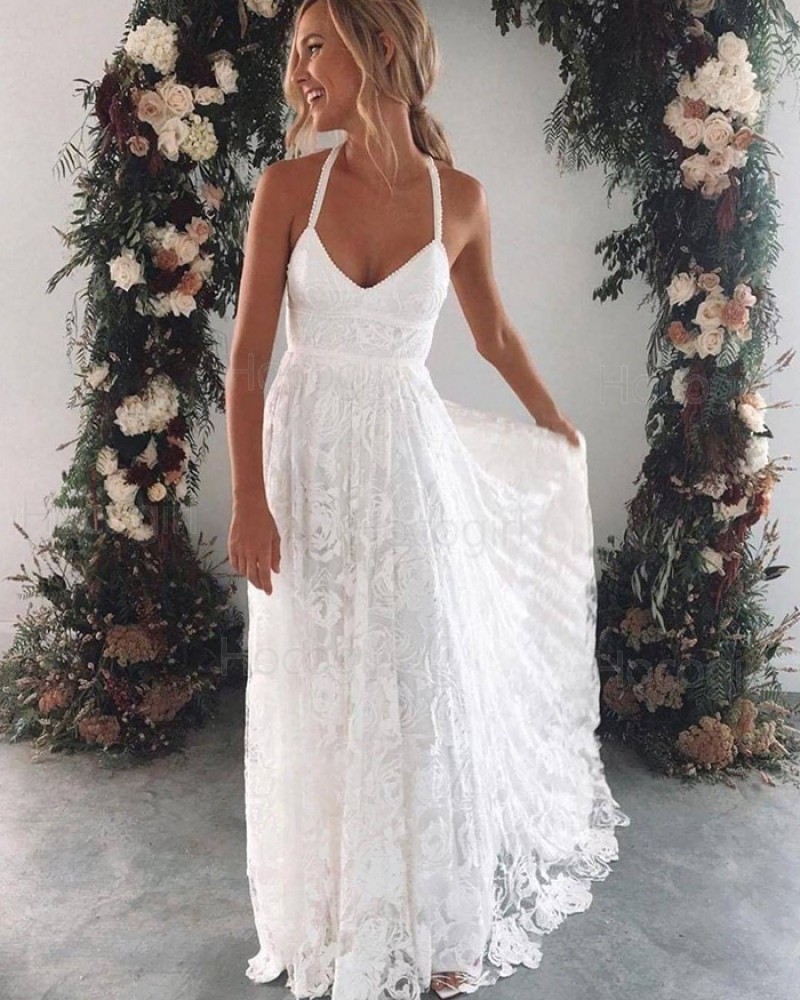 Halter White Floor Length Lace Sheath Beach Wedding Dress WD2442