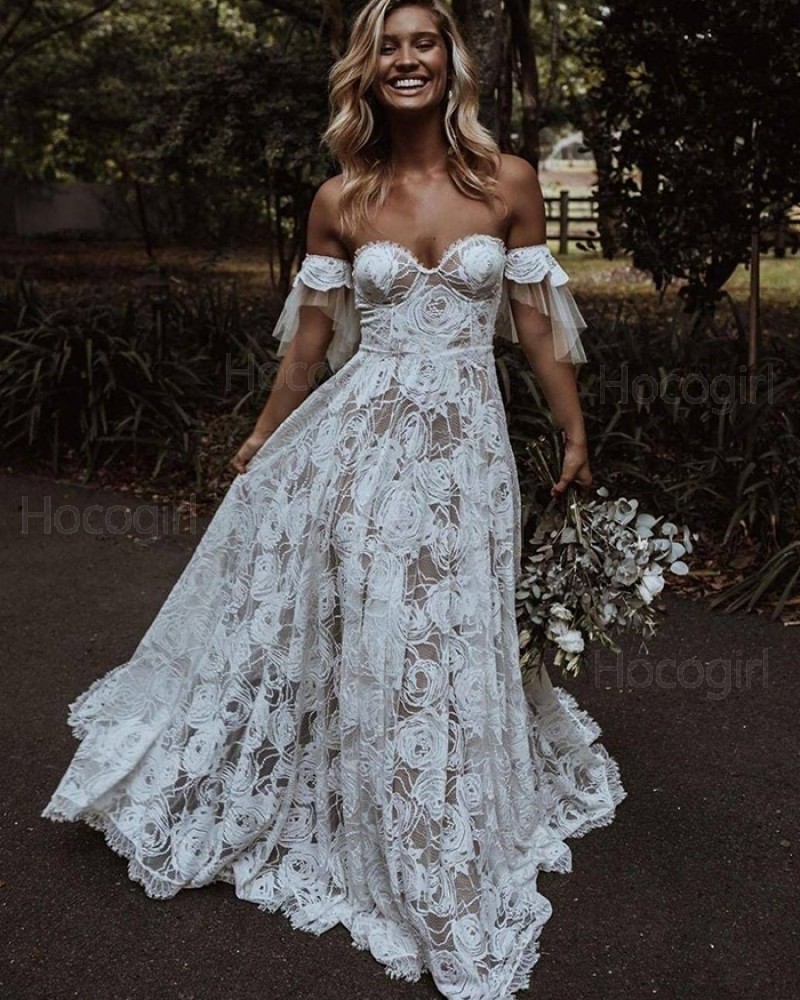 A-line Ivory Off the Shoulder Lace Wedding Dress WD2447