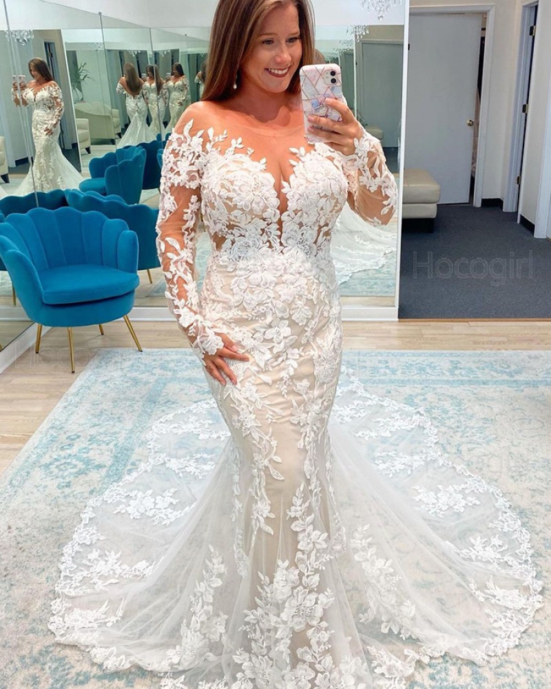 Bateau Neckline Lace Mermaid White Wedding Dress with Long Sleeves WD2472