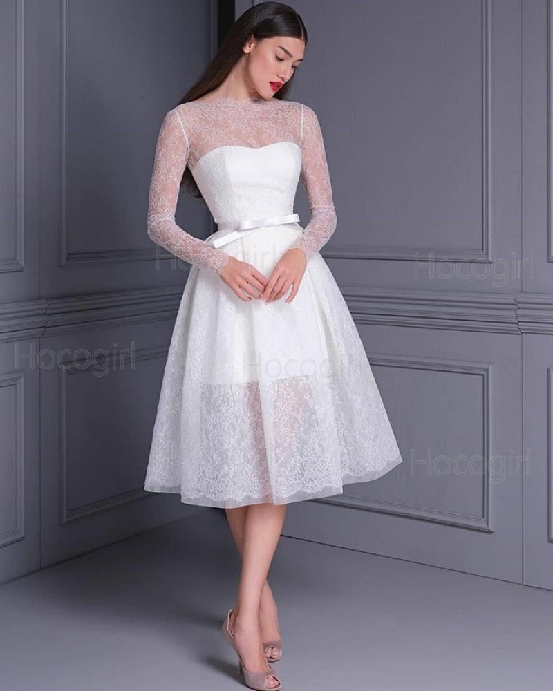 Jewel Neckline Lace White Knee Length Wedding Dress with Long Sleeves WD2476